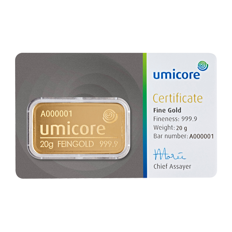 Goldbarren - 20 g .9999 - Umicore Neuware (geprägt)