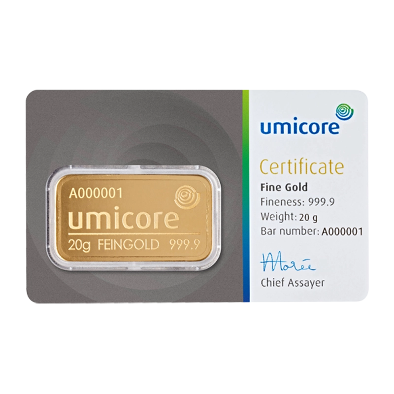 Goldbarren - 20 g .9999 - Umicore Neuware (geprägt)
