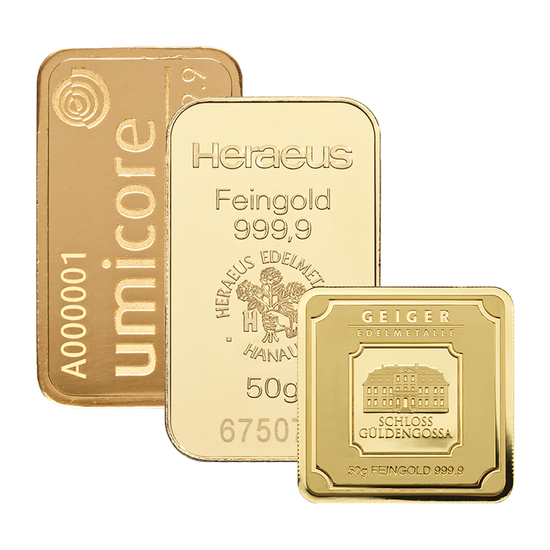 Goldbarren - 50 g .9999 - verschiedene Hersteller