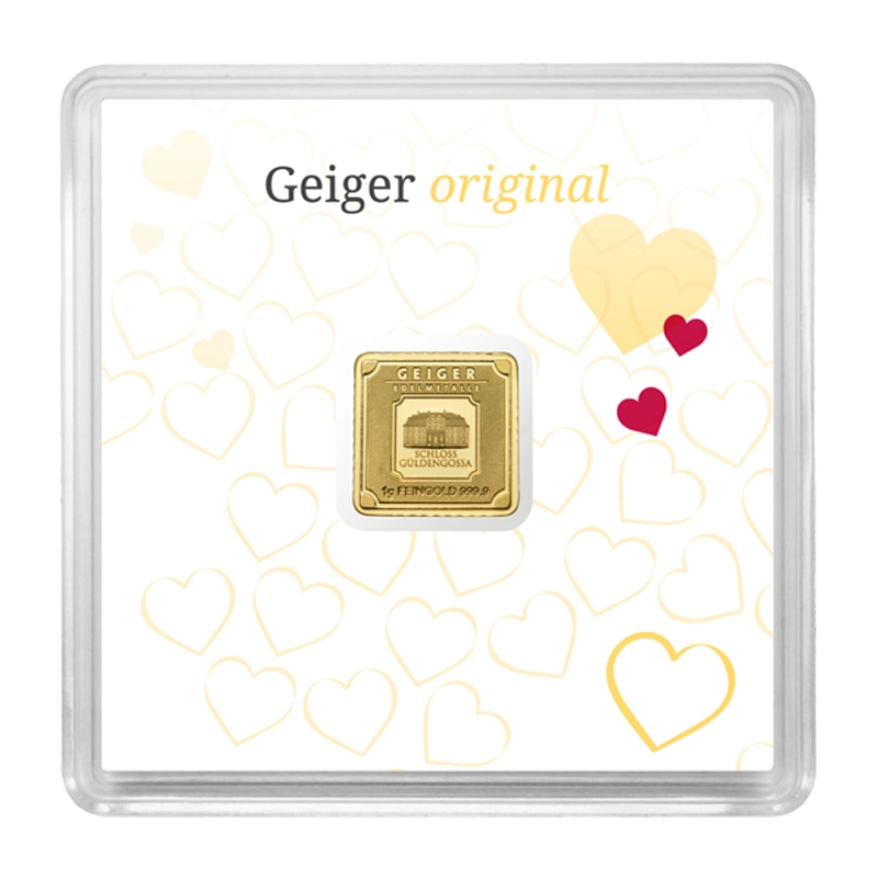 Gold Bar Geiger original - 1 g .9999 square in capsule, love edition