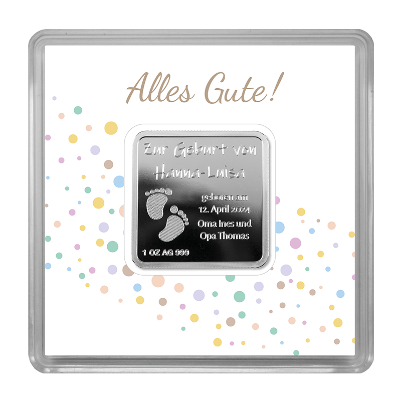 Gravurbarren quadratisch - 1 oz Silber .999 zur Individualisierung - mit Zertifikat