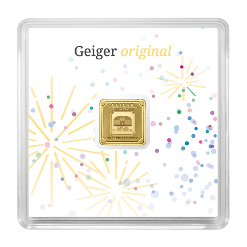Goldbarren Geiger original - 1 g .9999 quadratisch in Kapsel Edition Feierliche Anlässe