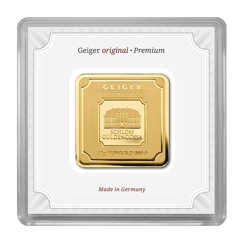 Gold Bar Geiger original - 50 g .9999 square in capsule