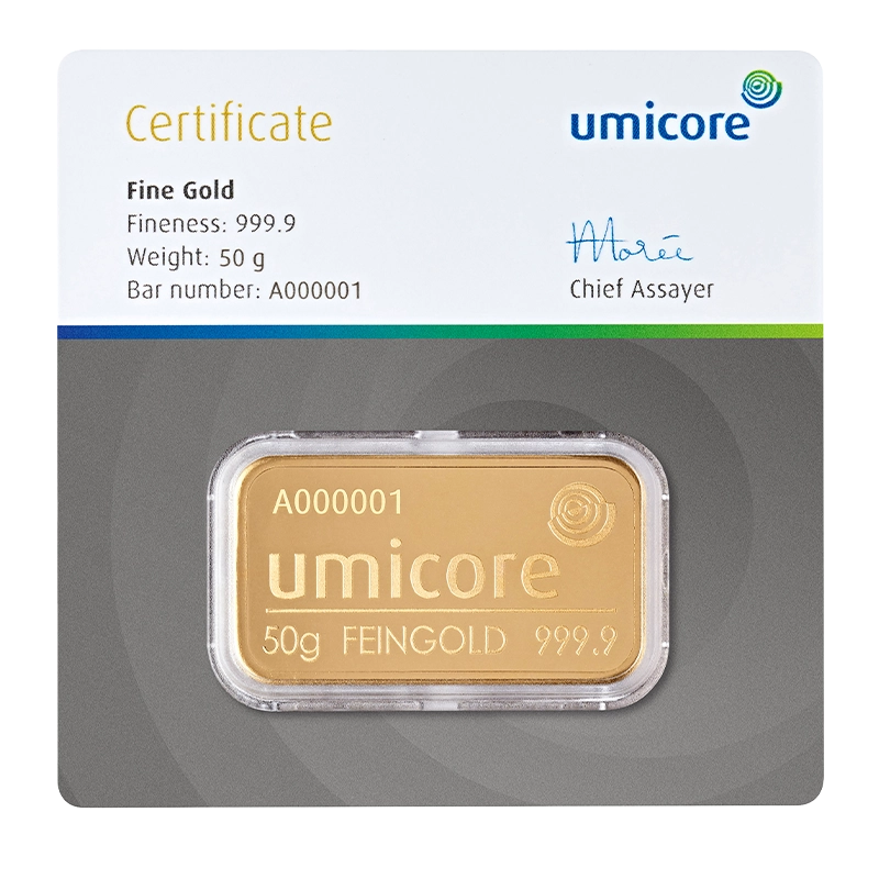 Goldbarren - 50 g .9999 - Umicore Neuware (geprägt)