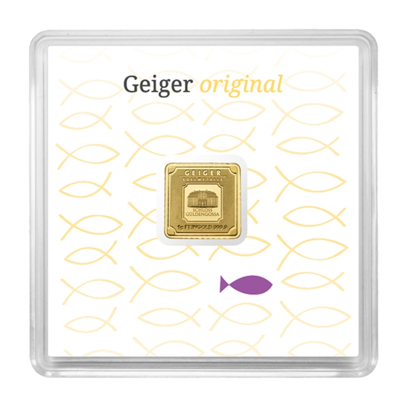 Gold Bar Geiger original - 1 g .9999 square in capsule, christian edition