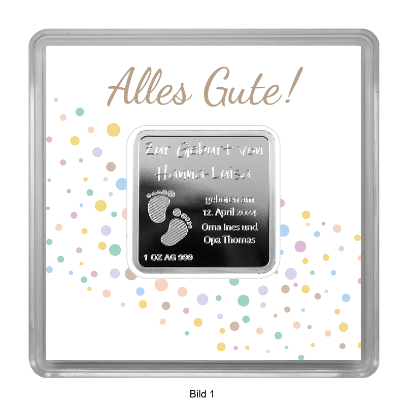 Engraved bar square - 1 oz silver .999 for individualization - with certificate