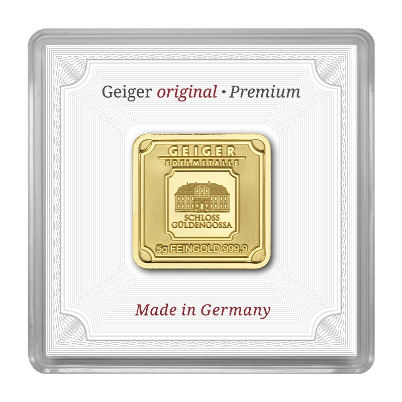 Gold Bar Geiger original - 5 g .9999 square in capsule