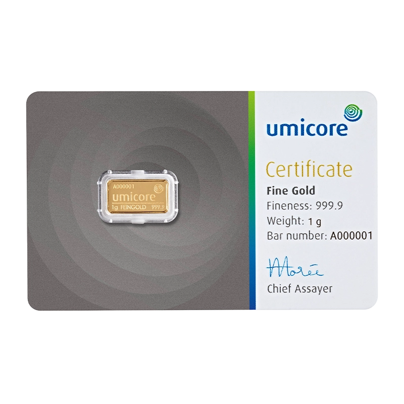 Goldbarren - 1 g .9999 - Umicore Neuware (geprägt)