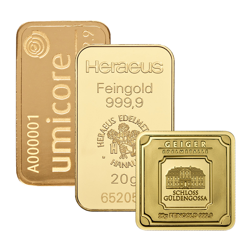 Goldbarren - 20 g .9999 - verschiedene Hersteller