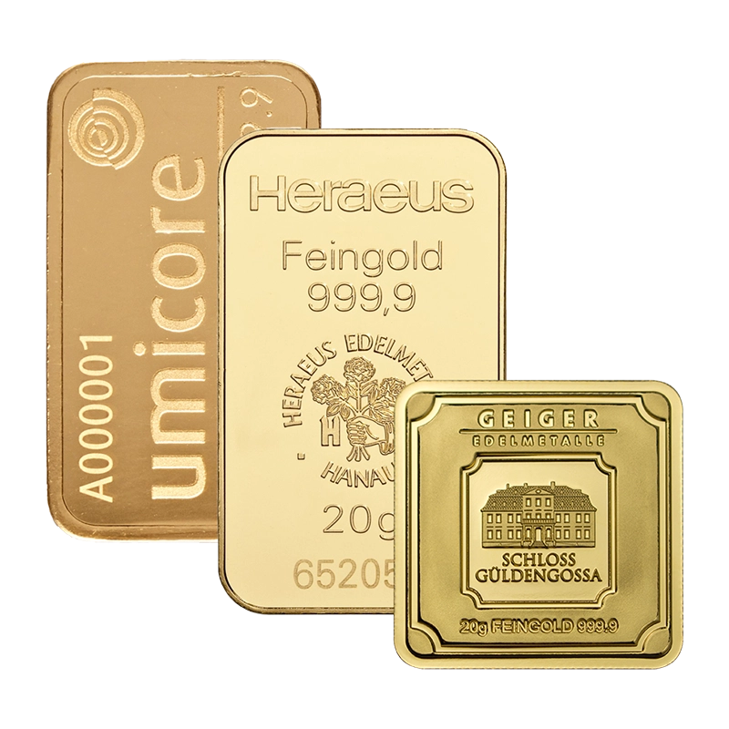 Goldbarren - 20 g .9999 - verschiedene Hersteller