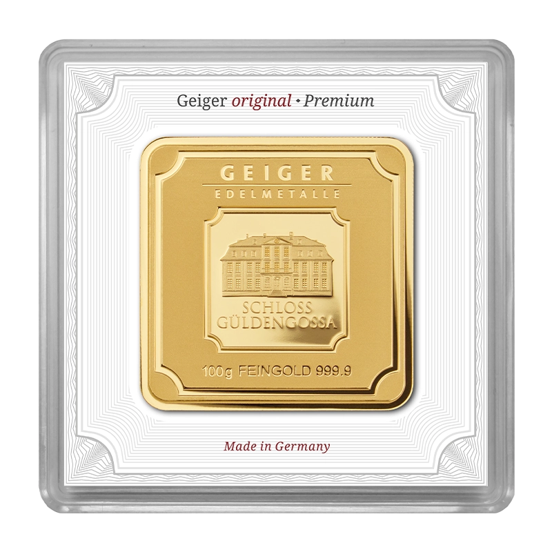 Gold Bar Geiger original - 100 g .9999 in capsule - Storage in a precious metal depot