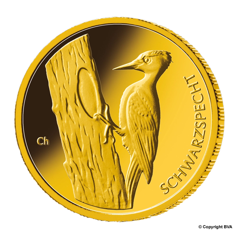 Heimische Vögel: "Schwarzspecht" 2021 - Deutschland 20 Euro 1/8 oz Goldmünze - Prägestätte verschiedene