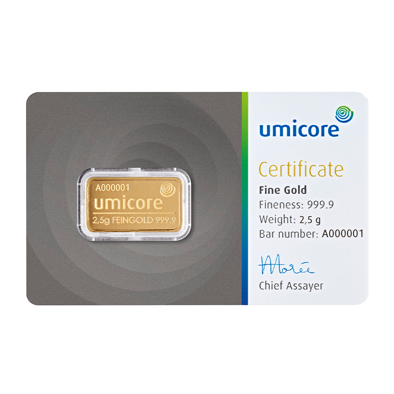 Goldbarren - 2,5 g .9999 - Umicore Neuware (geprägt)