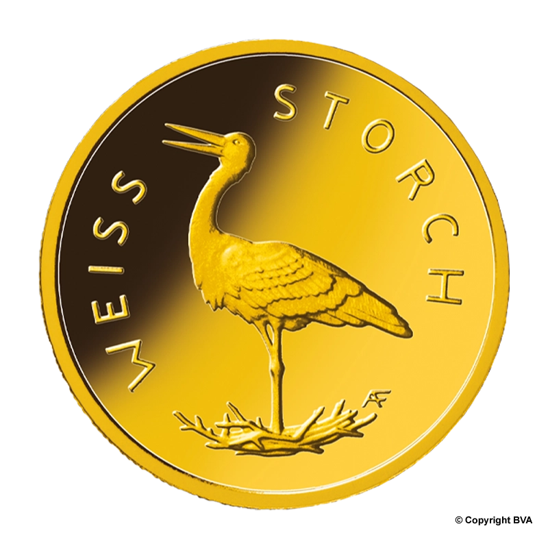 Heimische Vögel: Weißstorch 2020 -Deutschland 20 Euro 1/8 oz Goldmünze -Prägestätte verschiedene