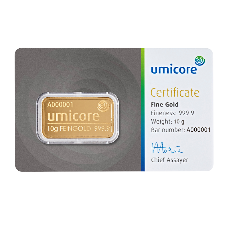 Goldbarren - 10 g .9999 - Umicore Neuware (geprägt)