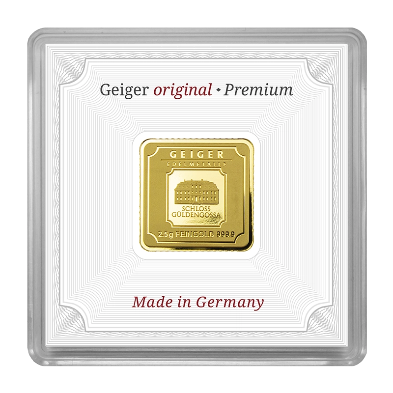 Goldbarren Geiger original - 2,5 g .9999 quadratisch in Kapsel