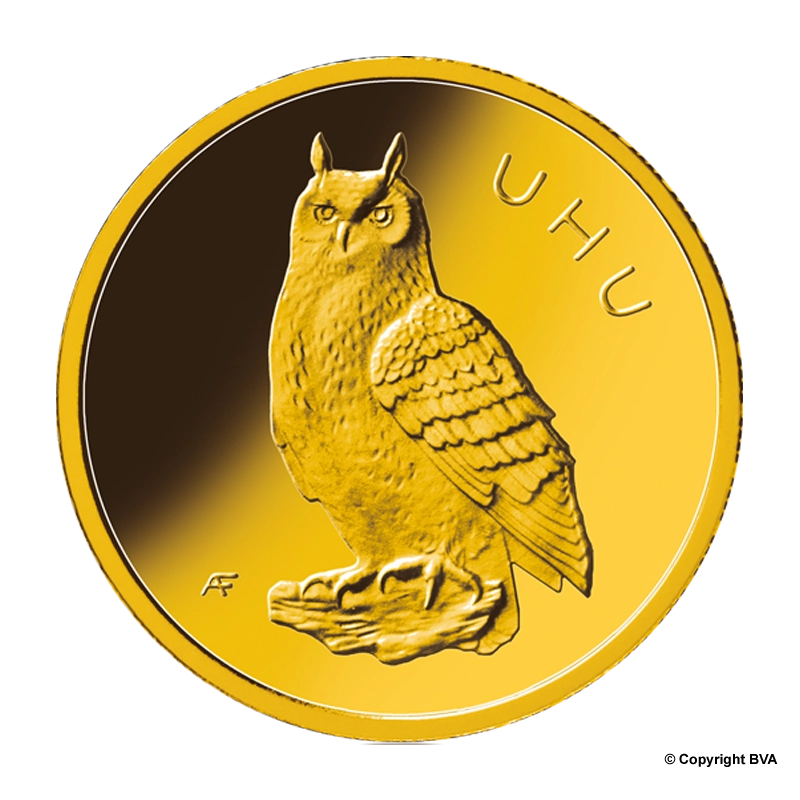 Heimische Vögel: Uhu 2018 - Deutschland 20 Euro 1/8 oz Goldmünze- verschiedene Prägestätten